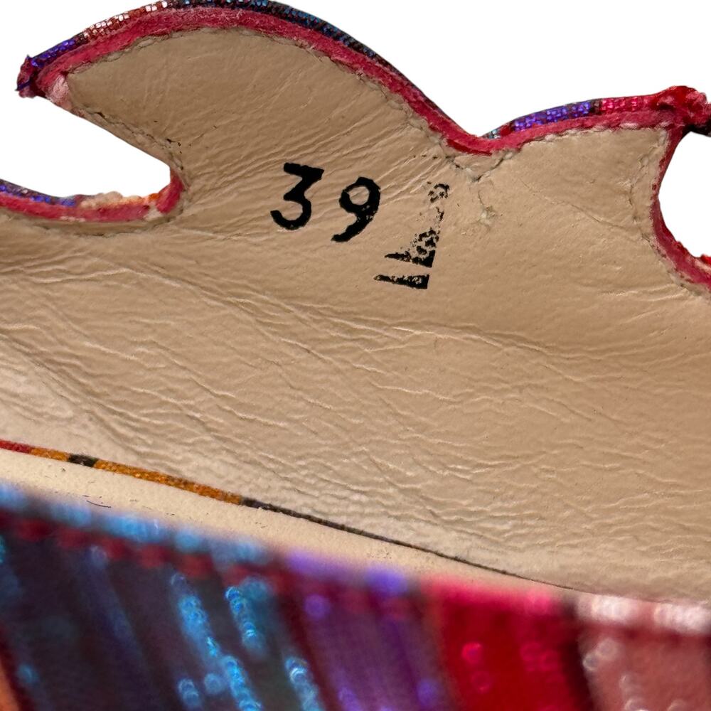 Beatrix Ong Satin Striped Wedge Heel Women's SZ 39 Rainbow Art Luxury Whimsy Fun - Picture 13 of 13